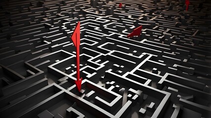 An intricate black maze with a red arrow guiding it, signifying conquering challenges and coming up with answers