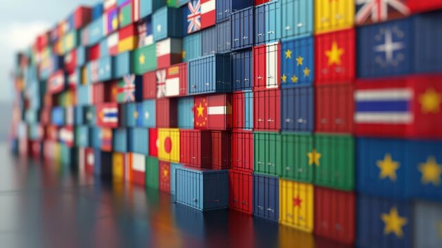 Colorful shipping containers adorned with international flags, showcasing global trade and connectivity.