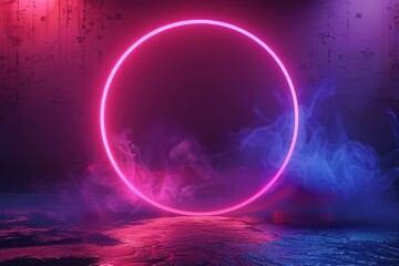Glowing neon circle and smoke on textured background.