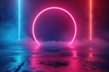 Obraz premium Glowing Neon Circle and Lines on Wet Concrete.