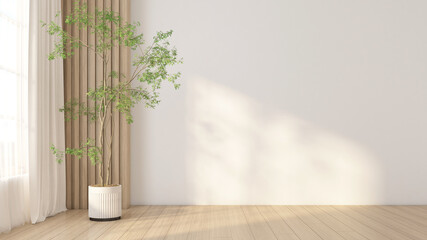 Empty room decorated with white wall and wood slat wall. 3d rendering