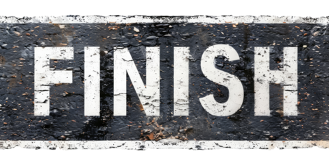 The word "Finish" painted on the asphalt road, top view, isolated on transparent background