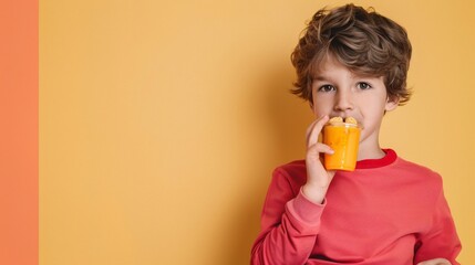 Ultra-clear image of a boy eating a snack with a solid color background, highly detailed and sharp