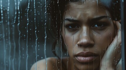 Woman with a poker face standing by a window with raindrops trickling down the glass her serious expression and hidden emotions creating a melancholic atmosphere