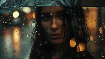 Fototapeta premium Woman with a poker face standing in the rain her expressionless eyes reflecting the streetlights capturing the essence of hidden emotions and inner strength