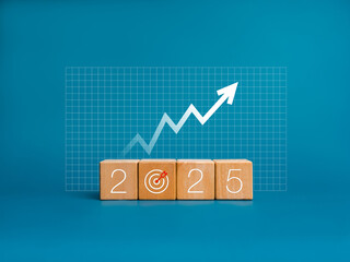 2025 new year, business growth, goals and success plan aspiration concept. 2025 calendar number with target icon on wooden cube blocks and rise arrow graph on net grid, blue background, minimal style.