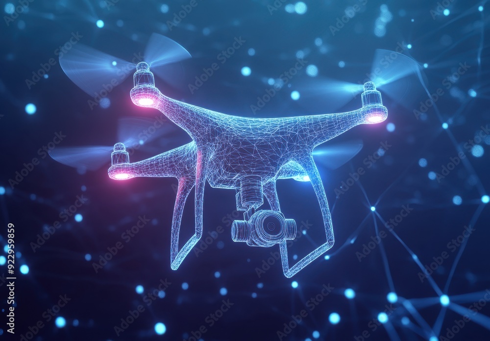 Wall mural a futuristic drone with patterns and visualization lines flying in the air with a camera, wireframe 