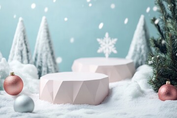 Winter Christmas composition with geometric shapes podiums and christmas decorations in snow. Empty pedestal for product presentation and for advertising display with generative ai
