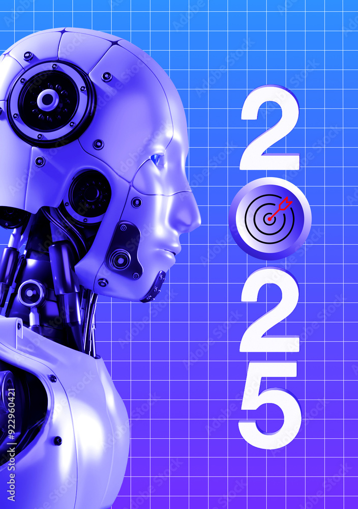 Poster 3d rendering ai robot humanoid portrait and 2025 calendar numbers with target icon on blue backgroun