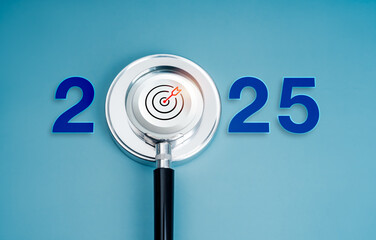 Happy new year 2025 with technology and business trends review concept. 2025 calendar number with...