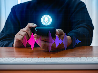 Conversation voice search application technology concept. Digital sound wave audio graphic on...