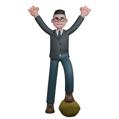 Illustrated School Expert. A man stands with one foot on a bag with both hands raised in an expression of joy and victory. 3D Male Teacher