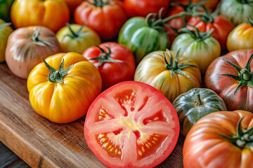 Obraz premium Ripe tomatoes on a wooden board.