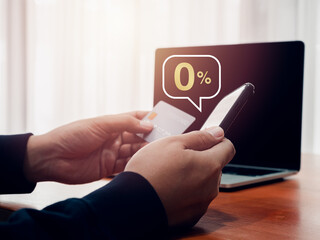 Shopping online with special offer installment payments. Zero percent rate, number in speech bubble...