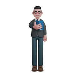 3D Male Teacher Character. A man holds a closed book with one hand in front of his chest, showing a serious attitude. Educational Professional