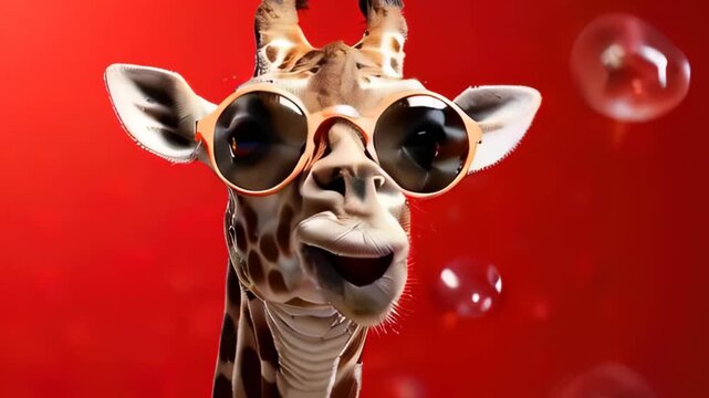 A bright creative giraffe in dark glasses on a red background.