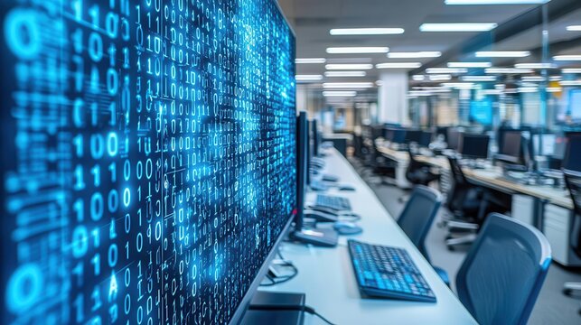 Modern office environment featuring computer screens displaying binary code in a tech-savvy workspace