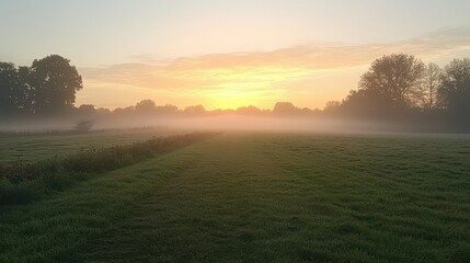 Fototapeta premium Scenic countryside with mist and sunrise,