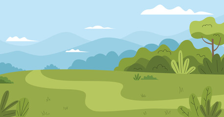 Obraz premium Landscape green grass with trees, sky and clouds panoramic view