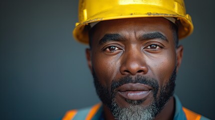 Portrait of a Confident Black Construction Worker Wearing a Yellow Hard Hat, with a Focused Expression, Set Against a Dark Background, Capturing the Essence of Strength and Determination