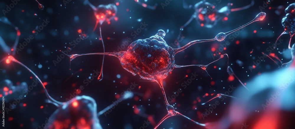 Poster a group of cells resembling neurons with visible connections inside the nervous system, representing