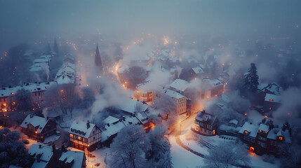 Aerial shot of a city covered in snow, rooftops and streets blanketed in white.