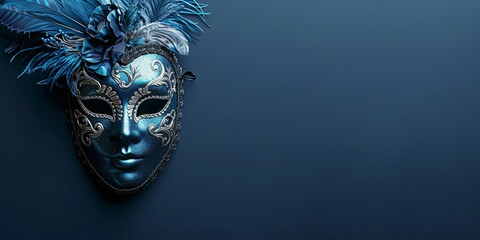 Blue masquerade mask with silver details and feathers on a blue background.