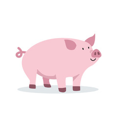Pig vector illustration. Cute pink pig cartoon clipart, animal in flat style. Simple vector design isolated on white background. Farm animals concept, rural farming. Livestock animal