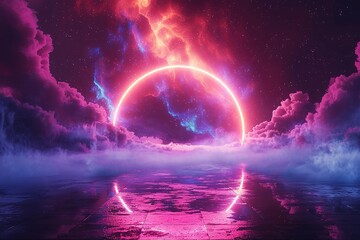 Glowing ring in a fantasy sky reflecting on wet ground.