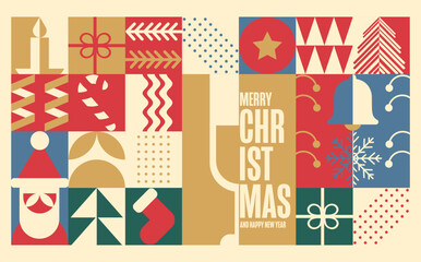 Christmas holiday bauhaus geometric pattern. Merry Xmas wallpaper, banner, Celebration print or winter festive design cover. Retro Holiday vector ornament, fabric minimal Scandinavian modern shapes