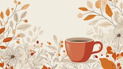 Coffee Cup and Floral Pattern Earthy Tones