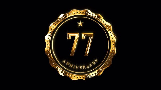 77th Anniversary Celebration. Happy 77 Years Anniversary Animation in Gold Color on the Transparent Background, Alpha Channel. Great for greetings, celebrations, events, and gifts.