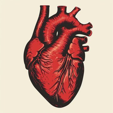 A detailed anatomical illustration of a human heart, showcasing its chambers and vessels.