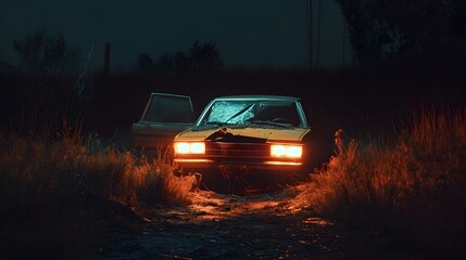 Obraz premium Broken down Vintage Car Illuminated by Headlights at Night in Desolate Landscape