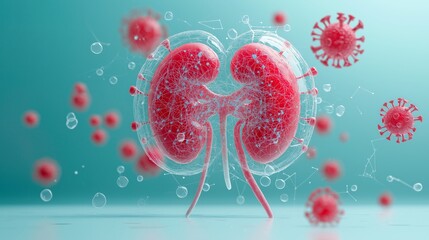 Obraz premium A detailed illustration of human kidneys surrounded by virus particles, representing health and disease interaction.
