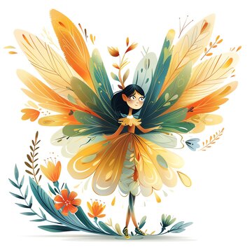 A whimsical fairy with vibrant green, yellow, and orange wings made of leaves and flowers.  She stands on a bed of blooming flowers.