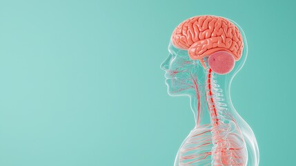Detailed illustration of the human anatomy showcasing the brain, spine, and nervous system against a soft blue background.
