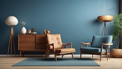 This is a 3D render of a modern, mid-century living room with a leather armchair and a wood cabinet on a blue wall and wood floor.