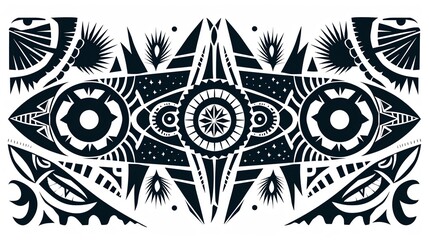 Abstract black and white geometric pattern with tribal and eye motifs.
