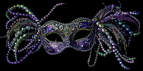 A beautiful masquerade mask adorned with iridescent beads and feathers on a black background.