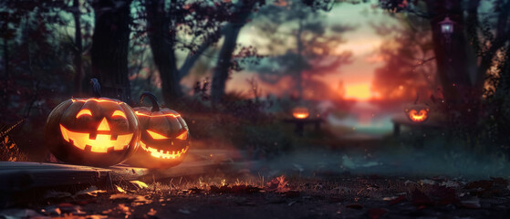 Obraz premium A dark and eerie Halloween night scene featuring a spooky forest at sunset with glowing Jack O' Lanterns on the left side of a rustic wooden bench