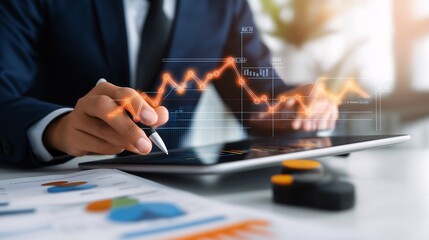 A businessman analyzing digital financial charts on a tablet, with graphical data overlay on white background, concept of market analysis