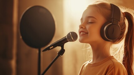 A young female singer wearing headphones, singing into a microphone on a light background, concept of music and performance