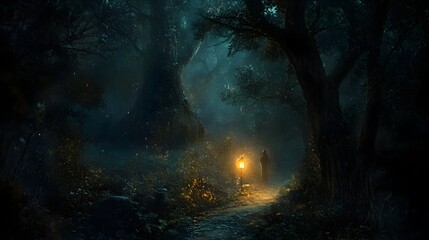 Fototapeta premium Solitary Path Illuminated by a Lone Lantern in a Mystical Forest Landscape
