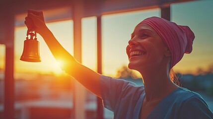 Woman Rings Bell to Celebrate End of Chemotherapy with Joyful Expressions and Bright Lighting