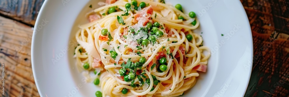 Wall mural Pasta with peas and ham presented on a white dish