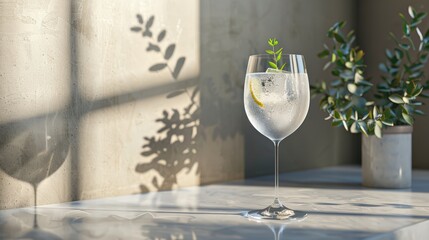 Refreshing Gin and Tonic with Lemon and Ice in a Glass on a Marble Surface