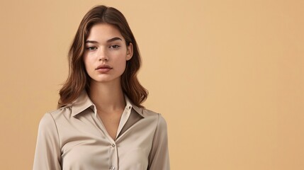 Fototapeta premium Detailed photograph of a model presenting a formal blouse with a plain color background