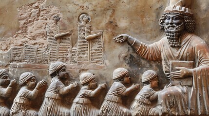 Ancient Mesopotamian education scene with students learning from clay tablets and scrolls under the guidance of a wise teacher highlighting the culture of learning and wisdom