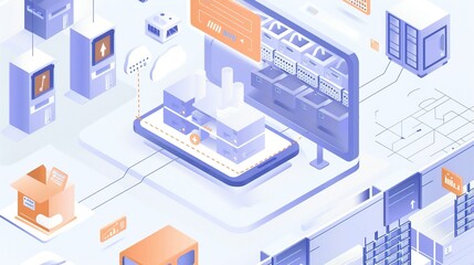Obraz premium Isometric Illustration of Data Center Infrastructure and Mobile Device Integration